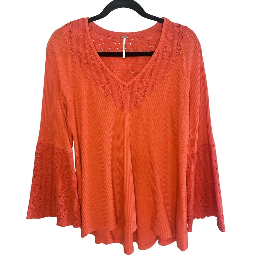 Free‎ People Parisian Nights Tunic Top M Red Orange Lace Eyelet Boho Peasant Top